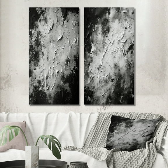 Designart "Abstract Landscape Fifty Shades of Gray II" Abstract Painting Wall Art Set Of 2 - Modern Black Wall Decor Set Of 2