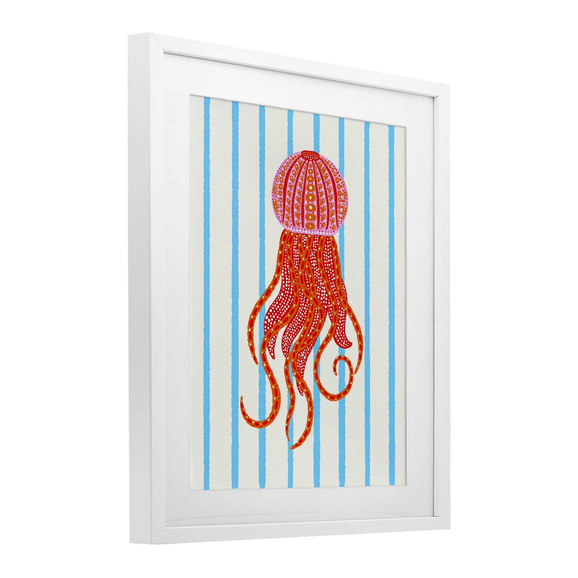 Stupell Industries Bright Aquatic Jellyfish on Stripes White Framed Print Under Glass, design by Indira Prieto | IndySign