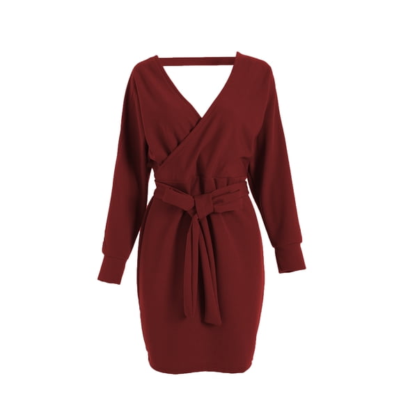 Women's Sexy Cocktail Batwing Long Sleeve Backless Mock Wrap Knit Sweater Mini Dress