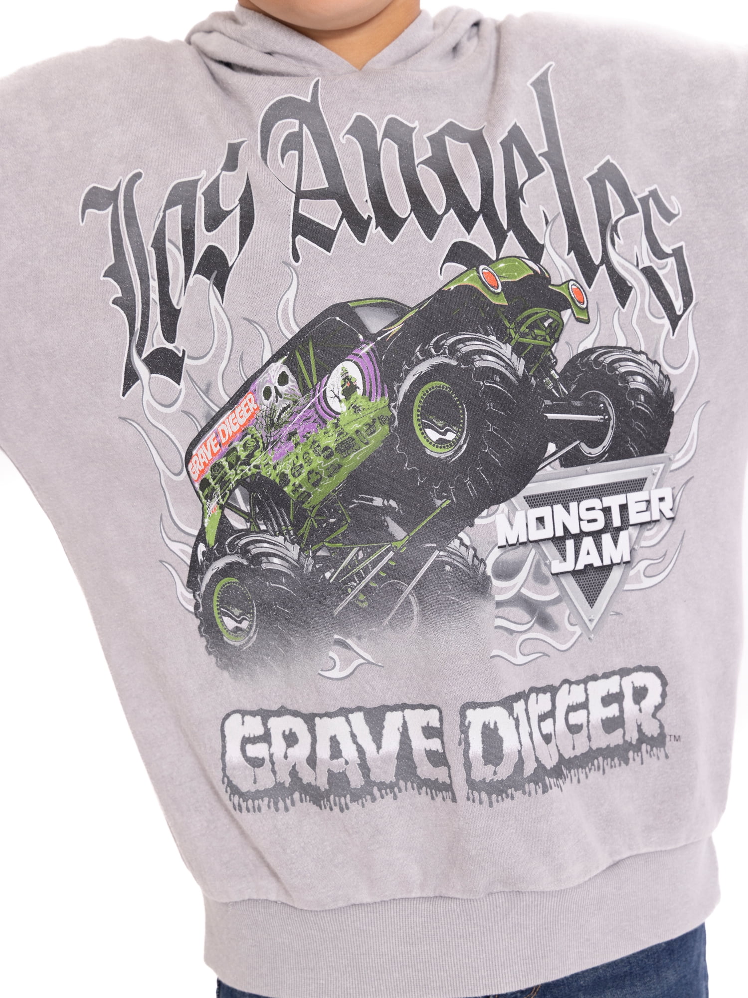 Monster Jam Boys' Grave Digger Graphic Mineral Wash Hoodie Sweatshirt with Long Sleeves, Sizes 4-18