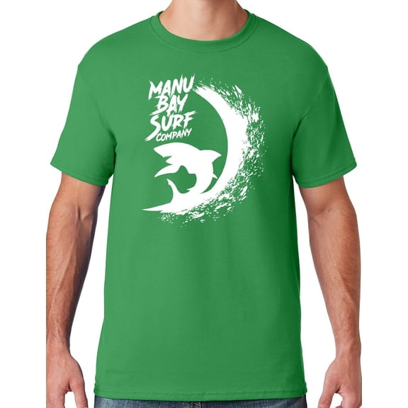 Mens Manu Bay Surf Company WHITE SURFING SHARK T-shirt, 2XL Kelly Green