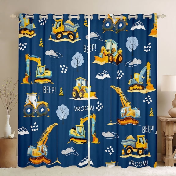 Castle Fairy Playful Construction Truck Black Out Curtains for Toddlers, Cute Excavator Crane Curtains Pack of 2 (42x63 Each) for Bedroom, Navy Blue Yellow