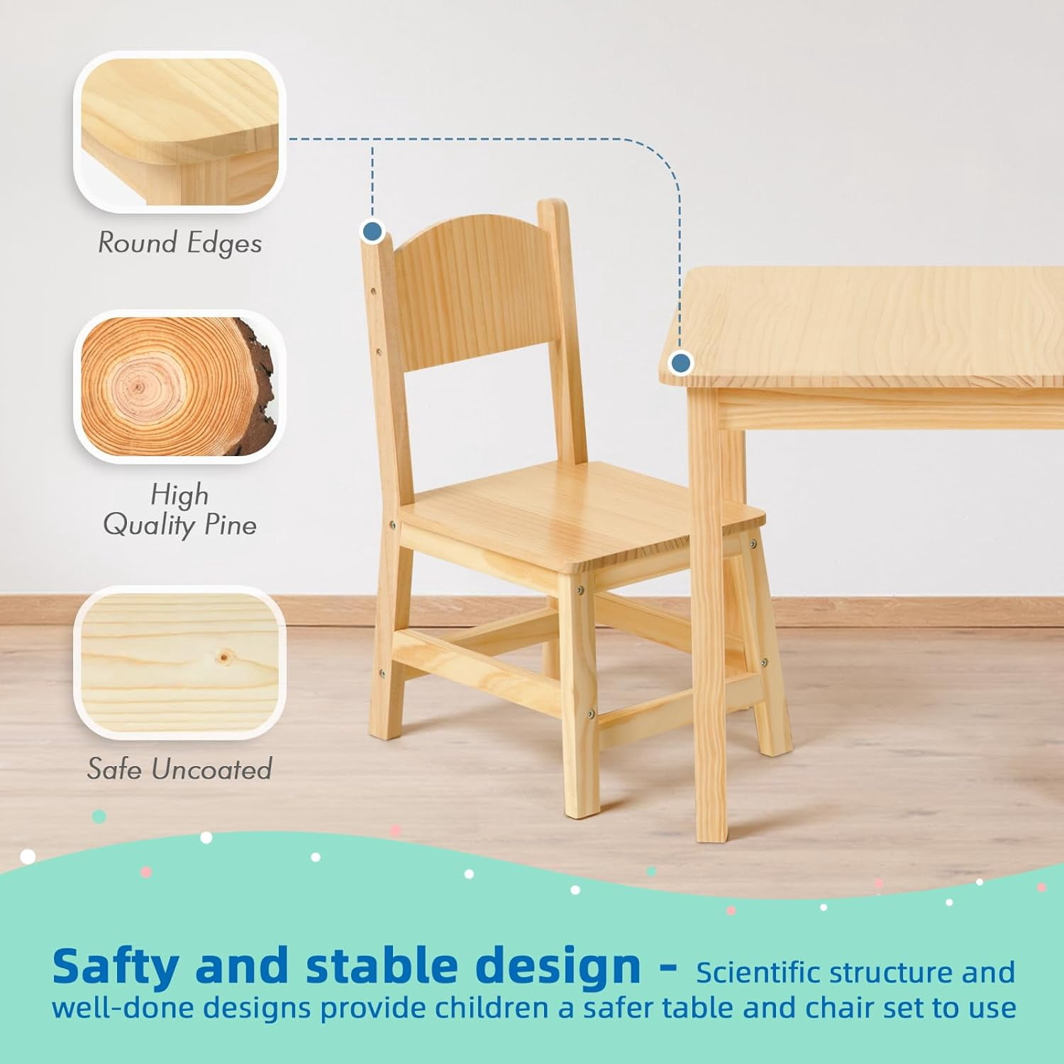 Solid Wooden Kids Table and Chair Set, Stable and Sturdy, Toddler Table and 2 Chairs Set for Arts, Crafts, Reading, Preschool, Kindergarten, Playroom