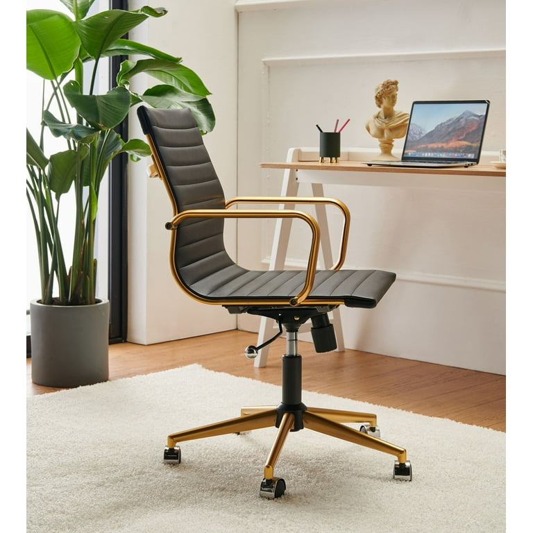 LUXMOD Gold Office Chair in Black Leather Mid Back Office Chair