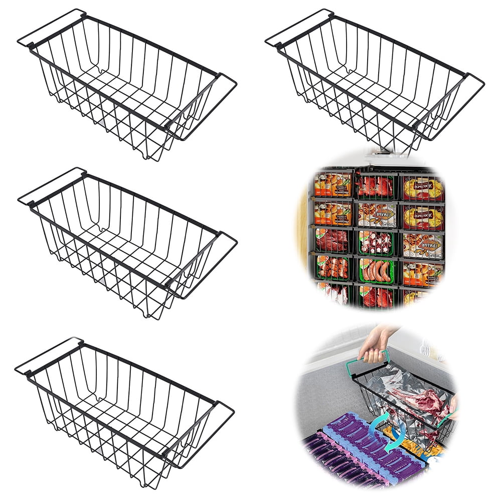 HUISZJ 4 Pack Fruit Basket, 14.57x7.09x5.91 inch Muti-Purpose Stackable Wire Baskets with Handle, Wire Storage Baskets for Pantry, Cabinet, Fridge, Kitchen (Black)