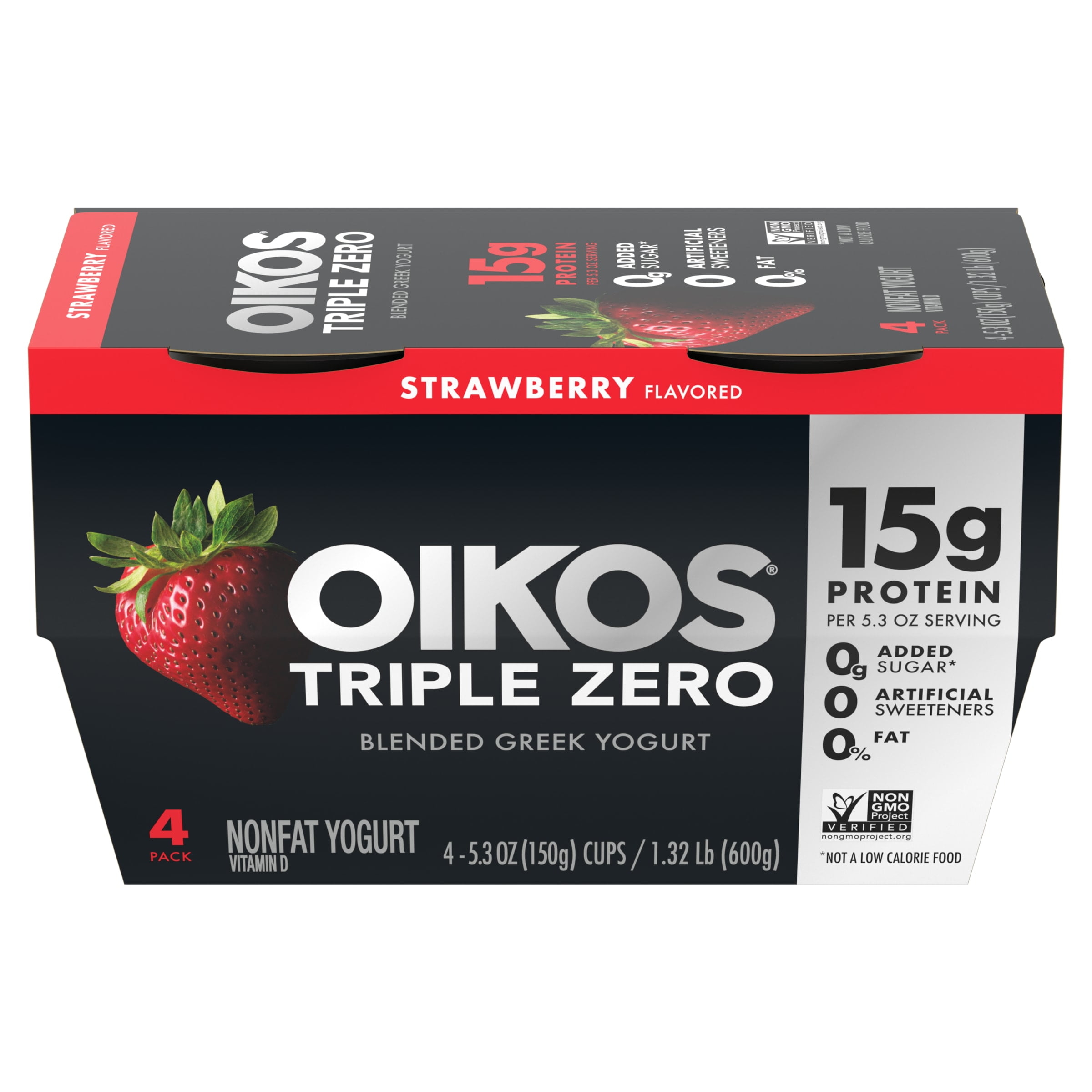 Oikos Triple Zero Strawberry Greek Yogurt, 5.3 Oz. Cups, 4 Count, Packaging May Vary