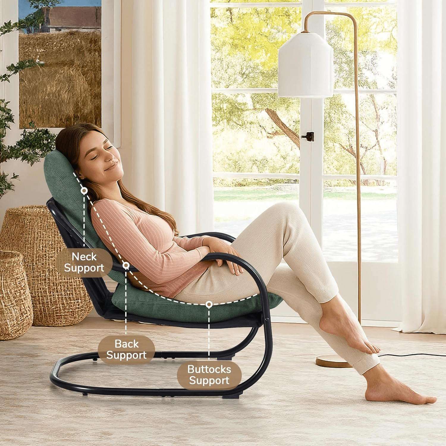 Gewnee Ergonomic Low Profile Accent Armchair, Heavy-Duty Metal Frame Upholstered Reading Side Chair, Space-Saving for Living Room Bedroom Office, Green