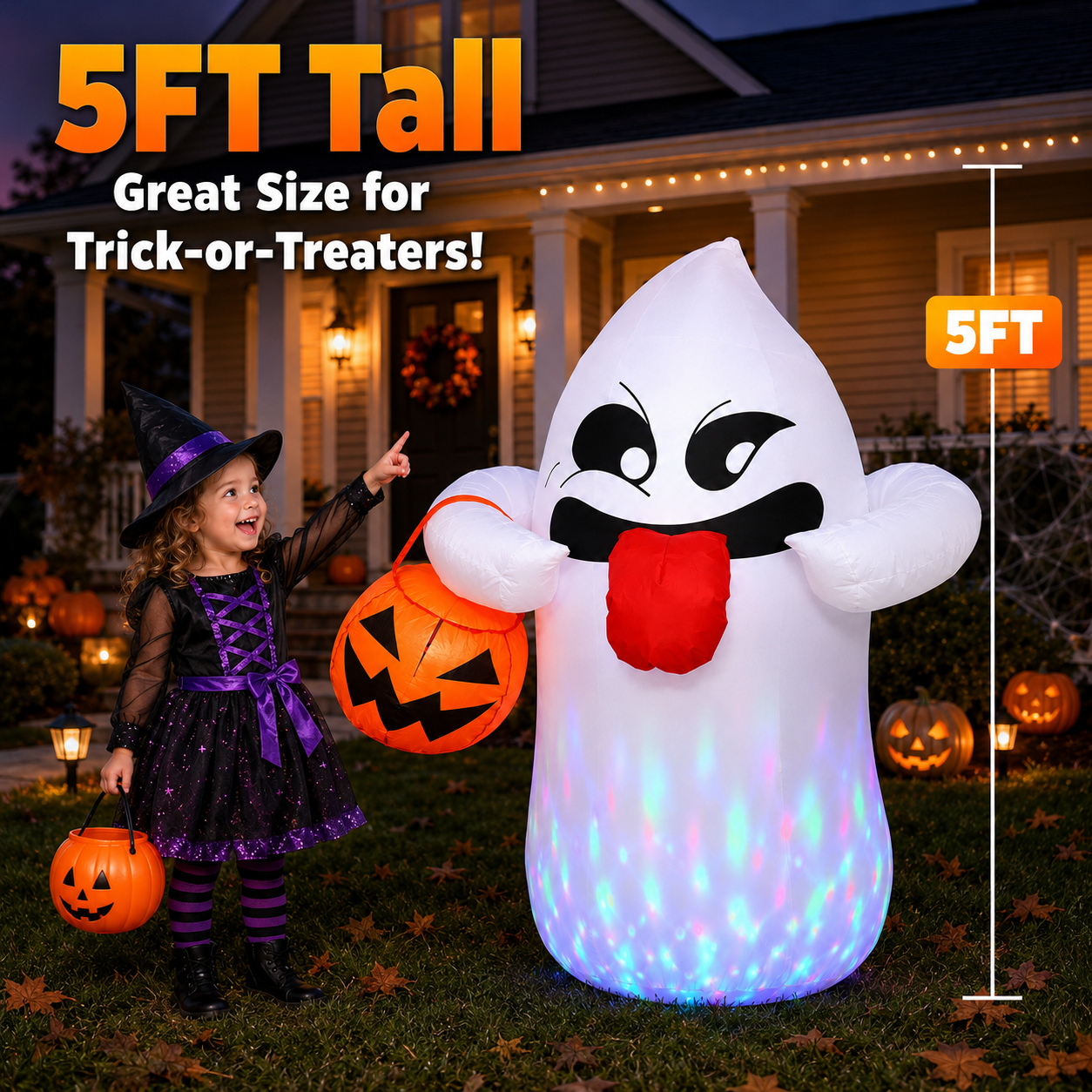 Beeprincess 5 Ft Halloween Inflatable Ghost with Pumpkin, RGB LED Lights photo 2