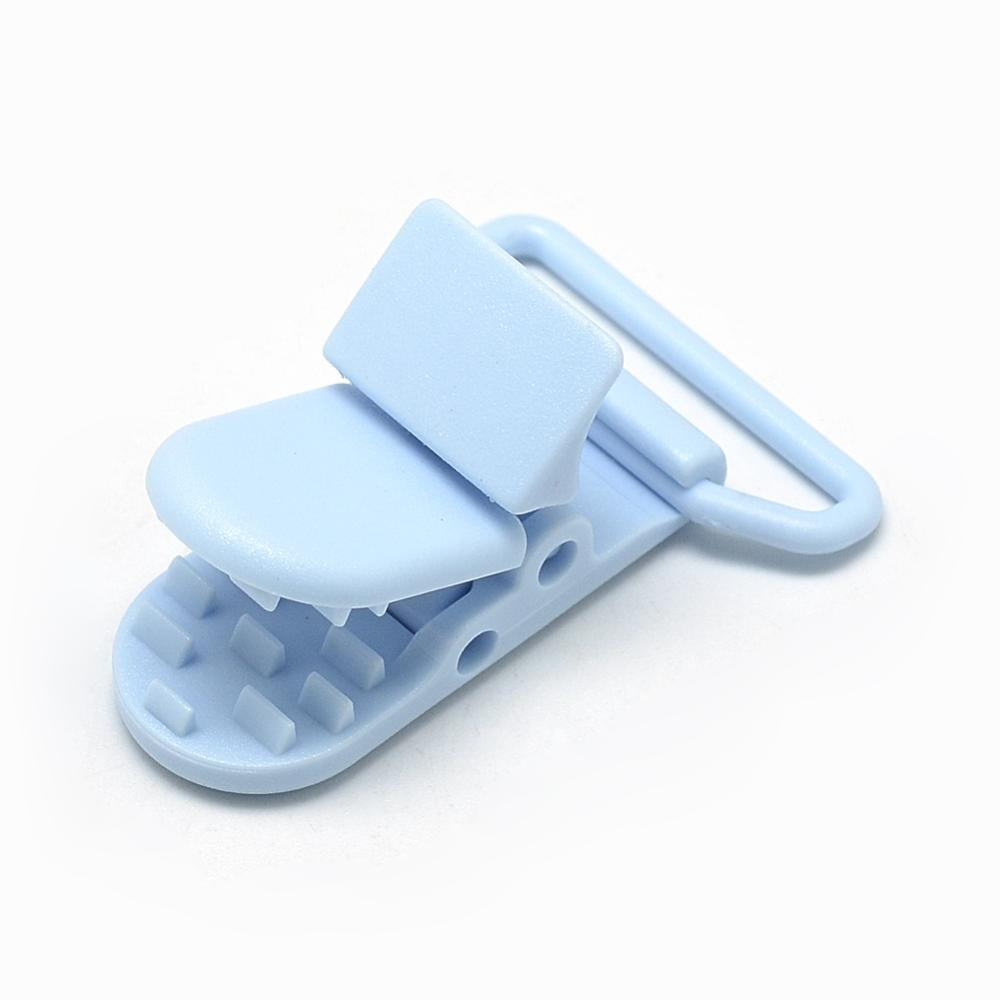 100pcs Eco-Friendly Plastic Baby Pacifier Holder Clip Light Sky Blue 43x31x9mm Hole: 4x26mm