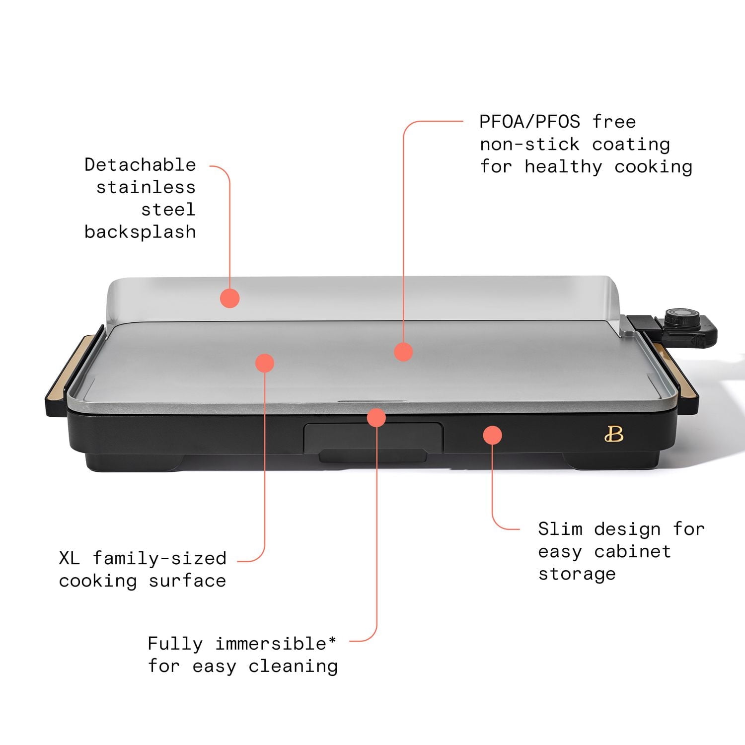 Beautiful XL Electric Griddle, 12" x 22"- Non-Stick by Drew Barrymore, Beau. XL Griddle