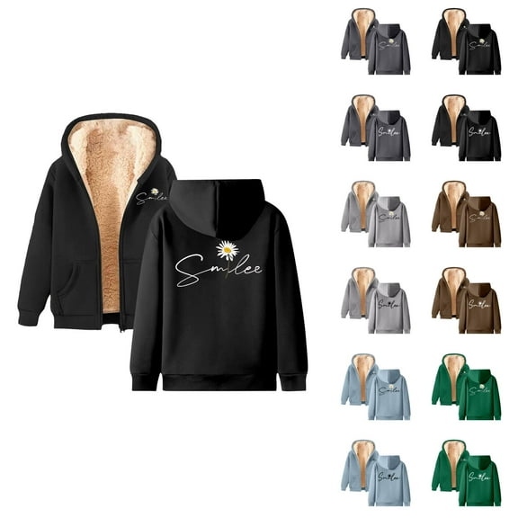 Lined Thick Hoodies for Women 2025 Winter Long Sleeve Chrysanthemum Graphic Hooded Sweatshirt Pullover Tops