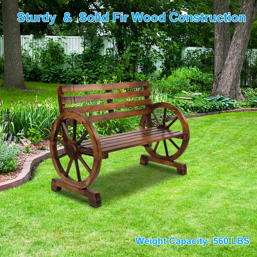 Kepooman 2-Person Outdoor Bench Park Garden Bench, All Chair Wooden Patio Yard Bench with Slatted Seat and Backrest for Backyard, Porch, Balcony, Brown