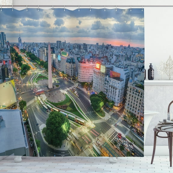 Obelisk Shower Curtain, Aerial Vista Panoramic Photo of Capital City Buenos Aires Urban View at Twilight, Fabric Bathroom Set with Hooks, 69W X 75L Inches Long, Multicolor, by Ambesonne