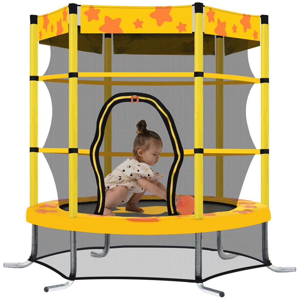 55" Mini Trampoline with Enclosure, Yellow Small Toddler Trampoline with Water Sprinkler, Rebounder Trampoline for Kid Exercise & Play Indoor Outdoor, L4065