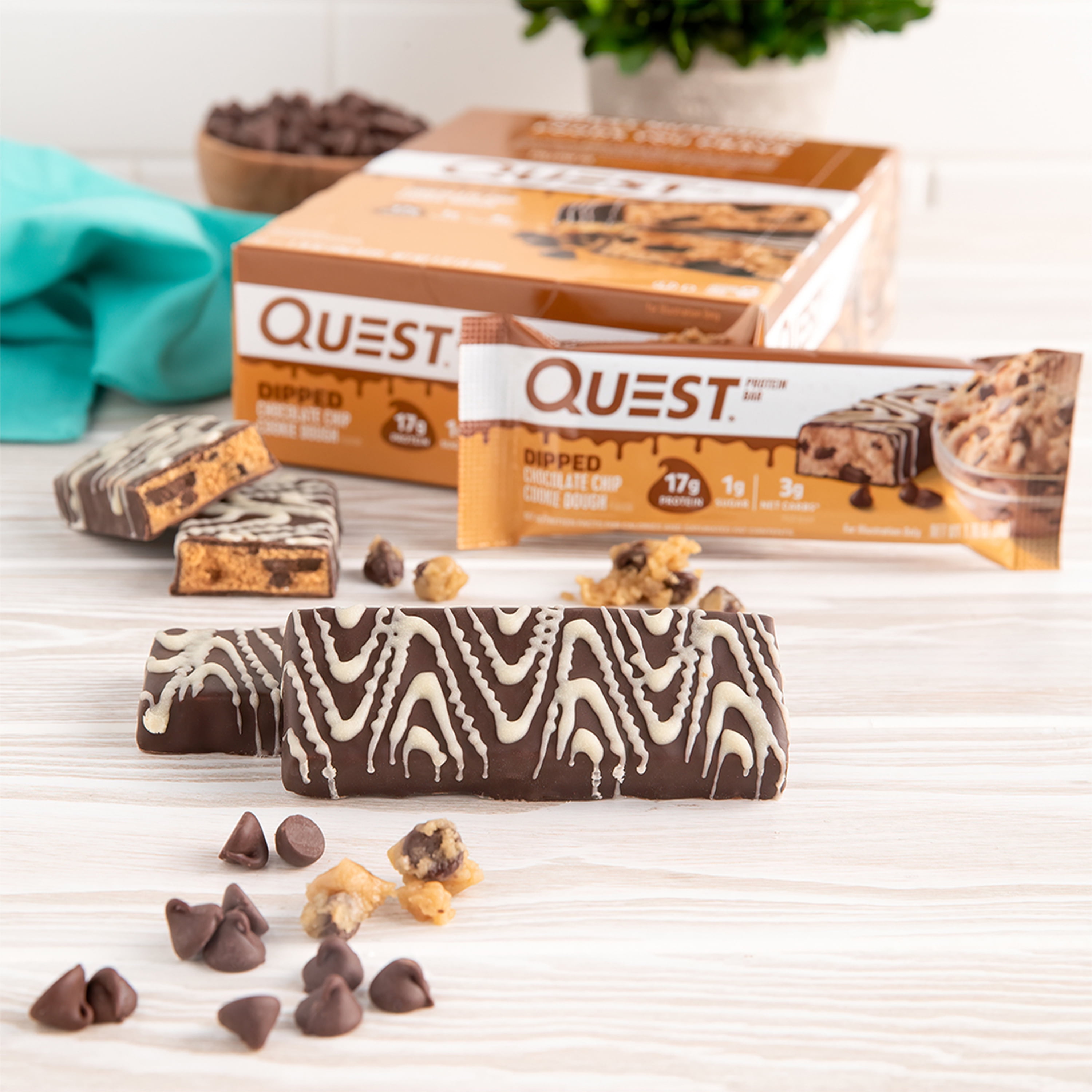 Quest Dipped Protein Bar, Chocolate Chip Cookie Dough, 18g Protein, Gluten Free, 12 Count
