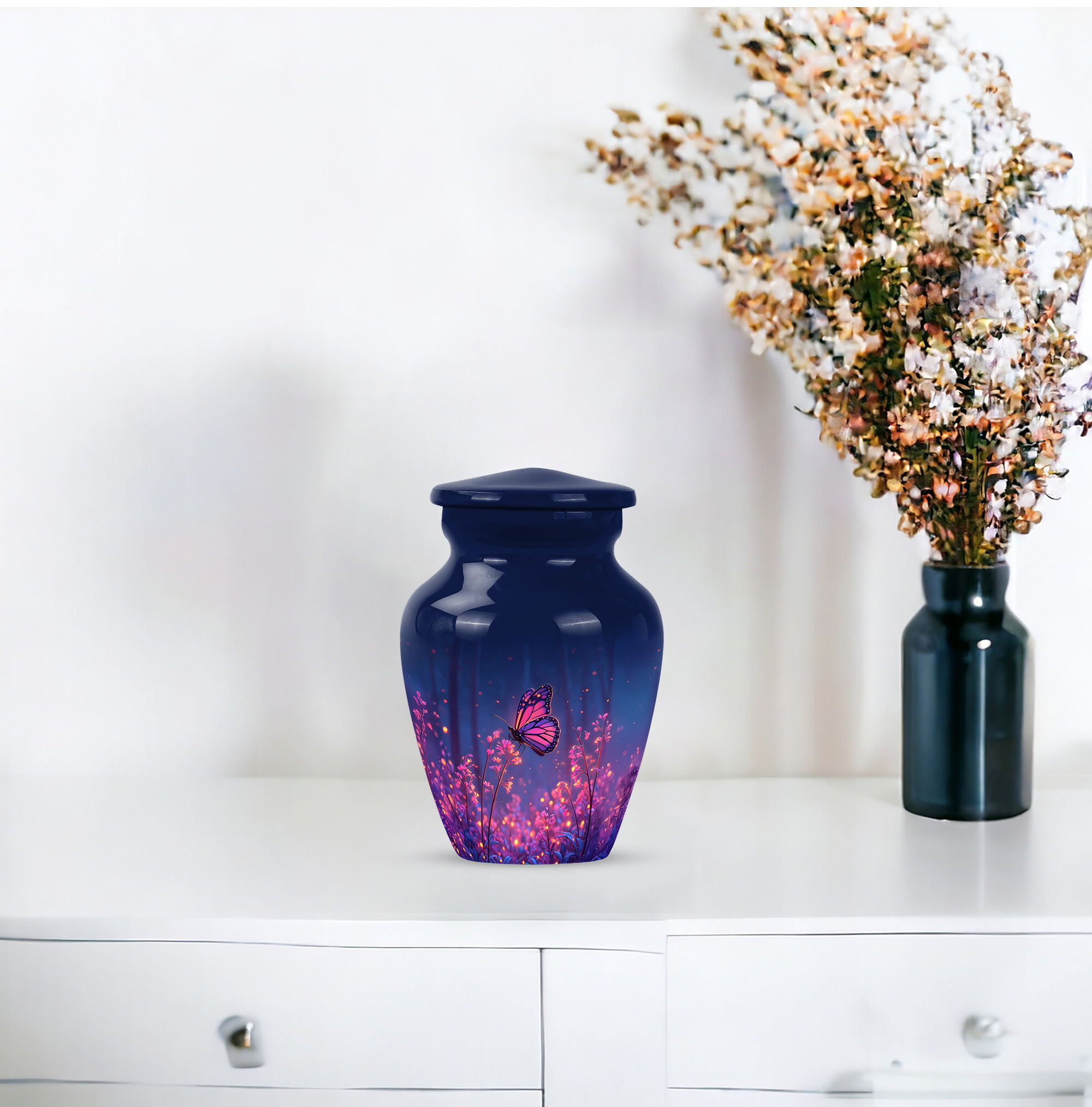 Butterfly Keepsake Memorial Urn For Ashes Adult Male & Female - Pink Flowers Cremation Urns For Adult Man And Women - 3 Inch Blue Mini Urns For Human Ashes