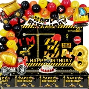 Crenics Construction 3rd Birthday Decorations - Construction 3rd Birthday Banner, Tablecloth, Balloons Arch Kit with Cake Toppers for Dump Truck Theme 3 Years Old Birthday Party SuppliesMZ501