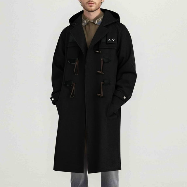 Ceisia Retro Warm Men's Loose Fit Hooded Wool-Blend Duffle Coat with Horn Buttons Gift