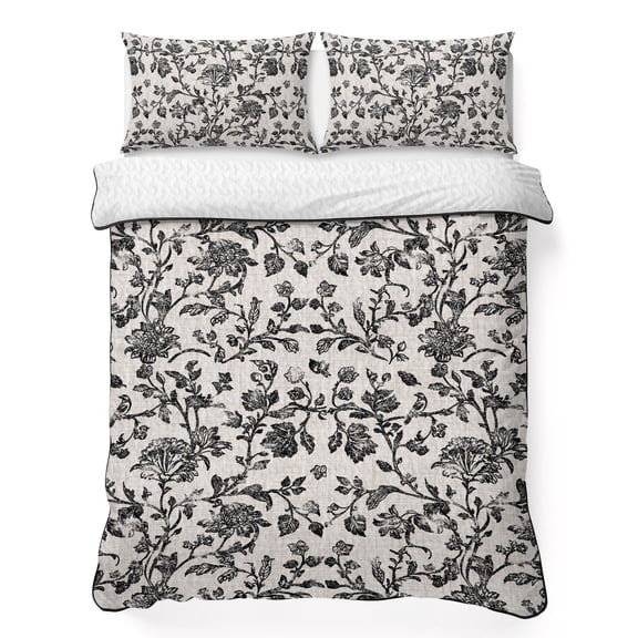 King Quilt Set 96''x106'', Farmhouse Black Lightweight Bedspread Coverlet Set with 2 Pillow Shams, Vintage Flower Leaf Botanical Plant Breathable All Season Quilt Bedding for Bedroom/Guest Room