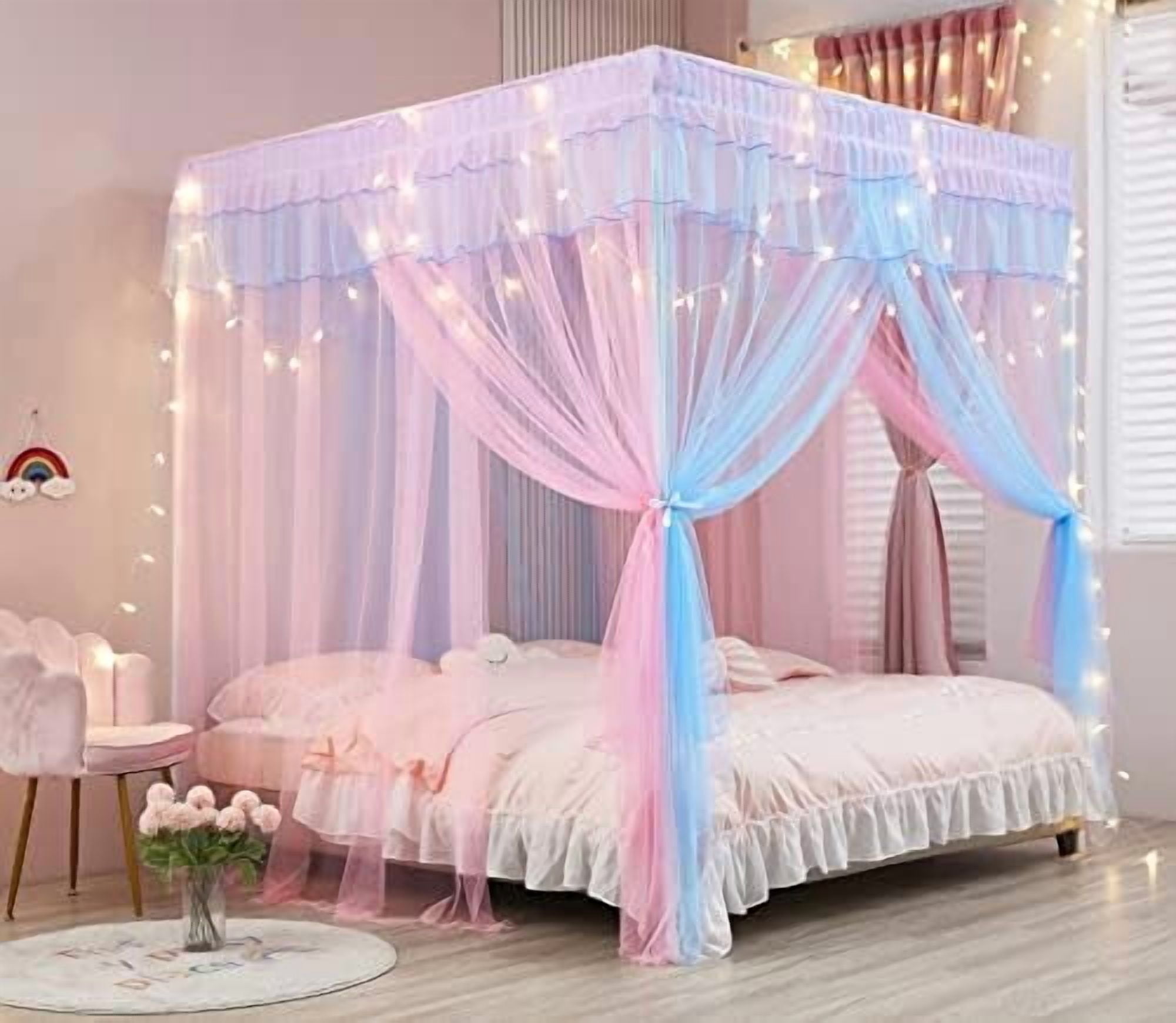 Rainbow Canopy Bed Curtains with Lights - Princess Bed Canopy for Girls - Bed Drapes Netting- Bedroom Decoration Accessories,Twin