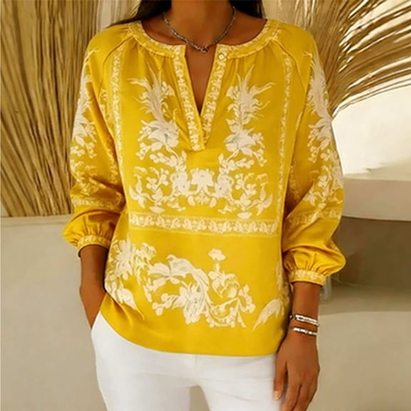 Gamivast Linen Tops for Women Boho Graphic V Neck Holiday Shirts Loose Raglan Long Sleeve Dressy Casual Tee Shirts Travel outfits 2026