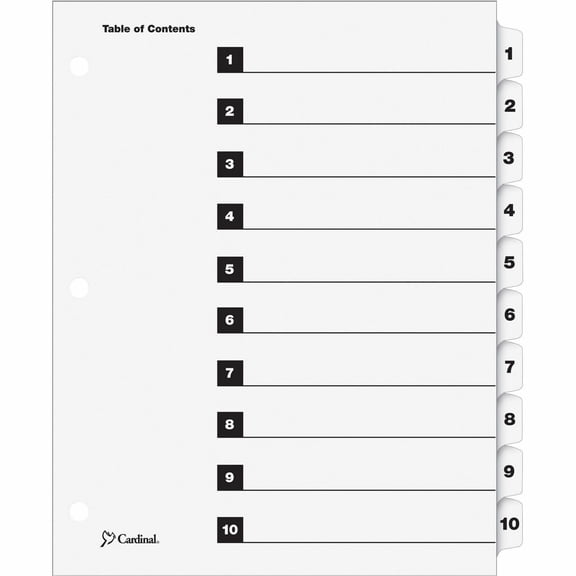 Cardinal OneStep Numbered Index System 10 x Divider(s) - Printed Tab(s) - Digit - 1-10 - 10 Tab(s)/Set - 9" Divider Width x 11" Divider Length - Letter - 8 1/2" Width x 11" Length - 3 Hole Punched - W