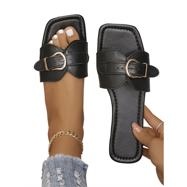 LSLJS Straight-line Belt Buckle Decorated Solid Color Rectangula Open Toe Sandals, Womens Sandals