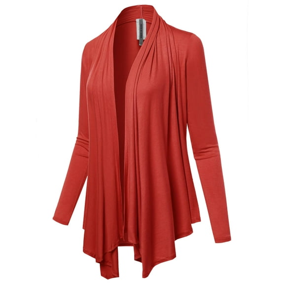 FashionOutfit Women's Solid Jersey Knit Draped Open Front Long Sleeves Cardigan