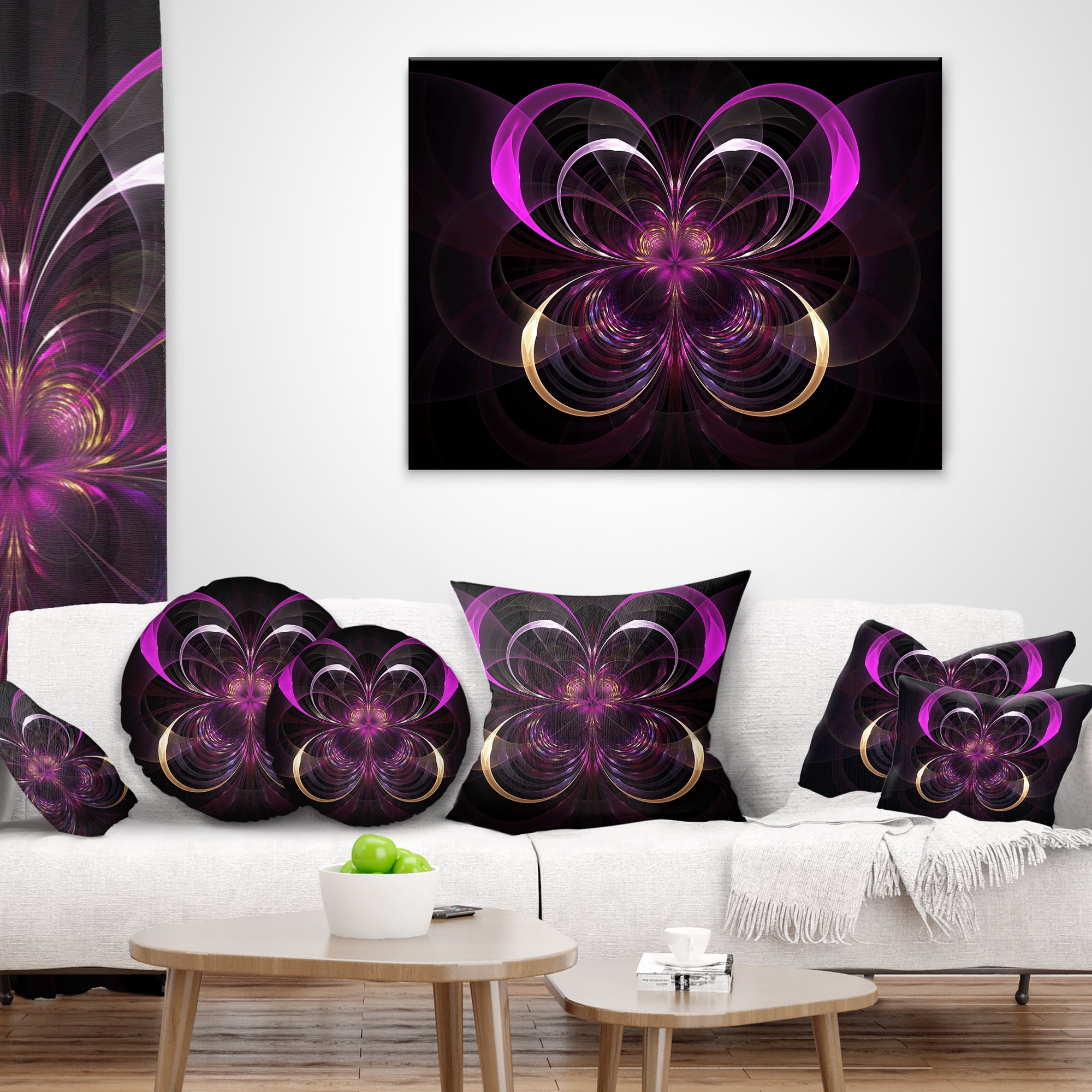 Designart Fractal Purple Flower in Dark - Floral Throw Pillow - 12x20