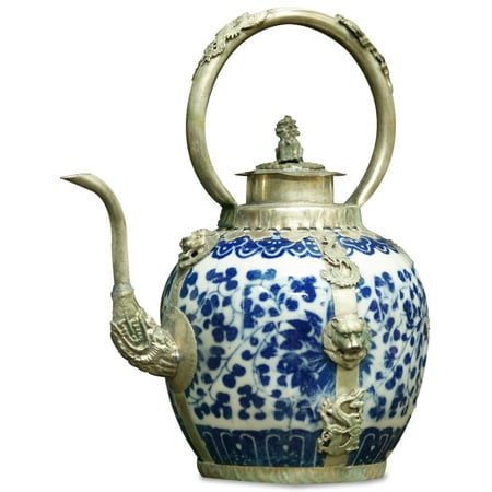 China Furniture and Arts porcelaine bleue et blanche Teapot, style tibétain avec Accents Bronze
