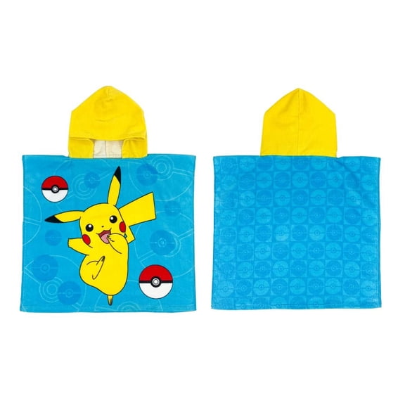 Franco Pokemon Anime Kids Beach/Pool/Bath/Camping Hooded Towel Poncho 24" X 22", Absorbent Cotton Cover up, Official Licensed Pokemon Product