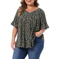 thumbnail image 2 of DARING DIVA Women's Plus Tops V Neck Flared Sleeve Ditsy Floral Pleated Blouses 1X Black, 2 of 6