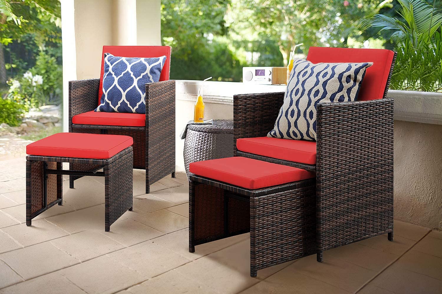 Lacoo 4 Pieces Patio Wicker Furniture Conversation Set with Two Ottomans Collapsible Balcony Porch Furniture, Red - image 2 of 3