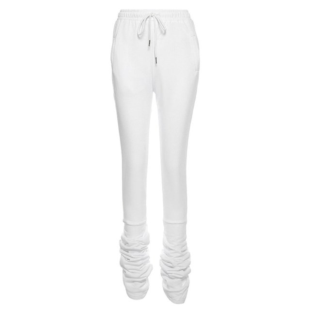 White S Pantalones apilados de cintura alta de invierno para mujer Pantalones de chándal con cordón fruncido de color sólido