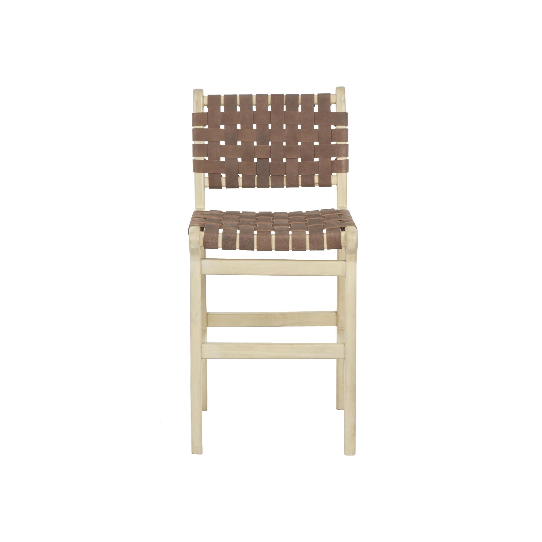 DecMode Mango Wood Handmade Woven Bar Stool with Light Brown Wood Frame with Backrest and Footrest, Brown
