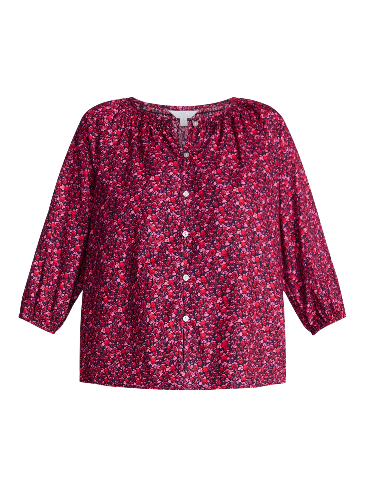 Time and Tru Women's Cotton Button Front Blouse with ¾ Length Sleeves, Sizes XS-XXXL