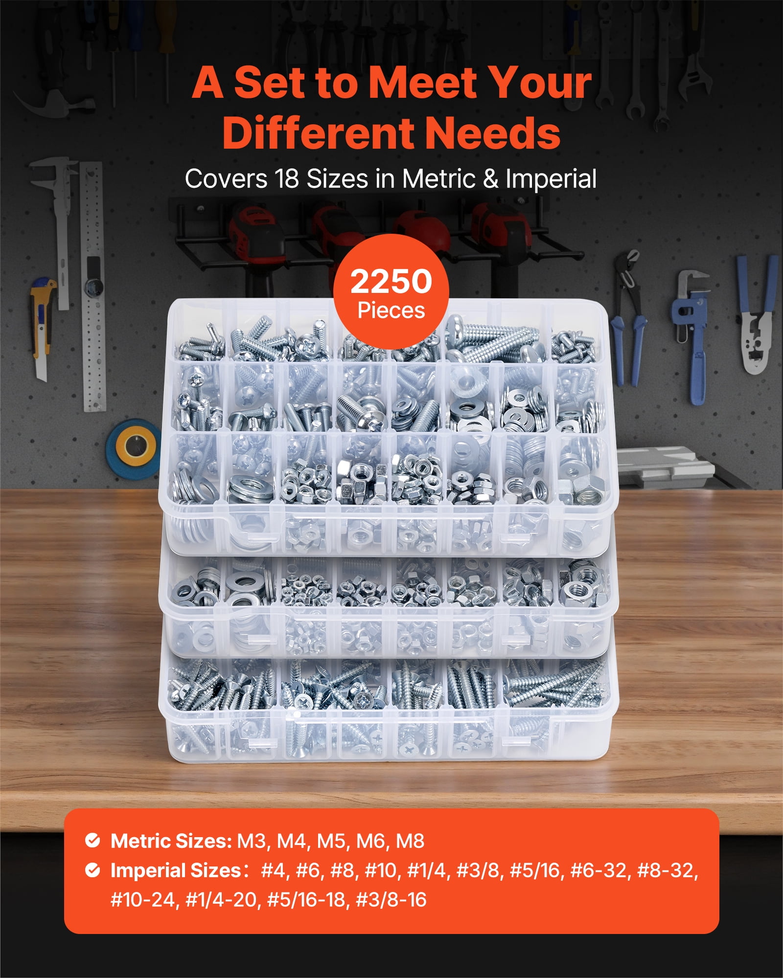 VEVOR 2250 Pcs Bolts and Nuts Assortment Kit, Metric + Imperial Machine Screws and Flat Washers, Alloy Steel M3/M4/M5/M6/M8 Multiple Size, for Equipment/Vehicle Assembly,Galvanized White