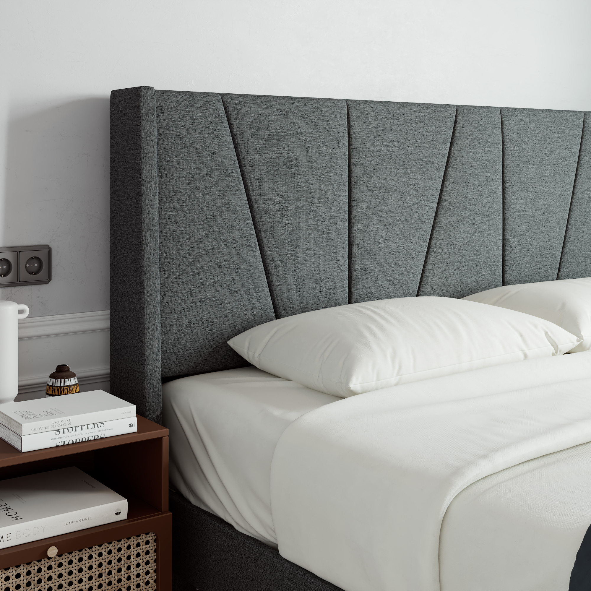 Sha Cerlin King Bed Frame, Upholstered Platform Bed with Wingback and Geometric Headboard, Gray