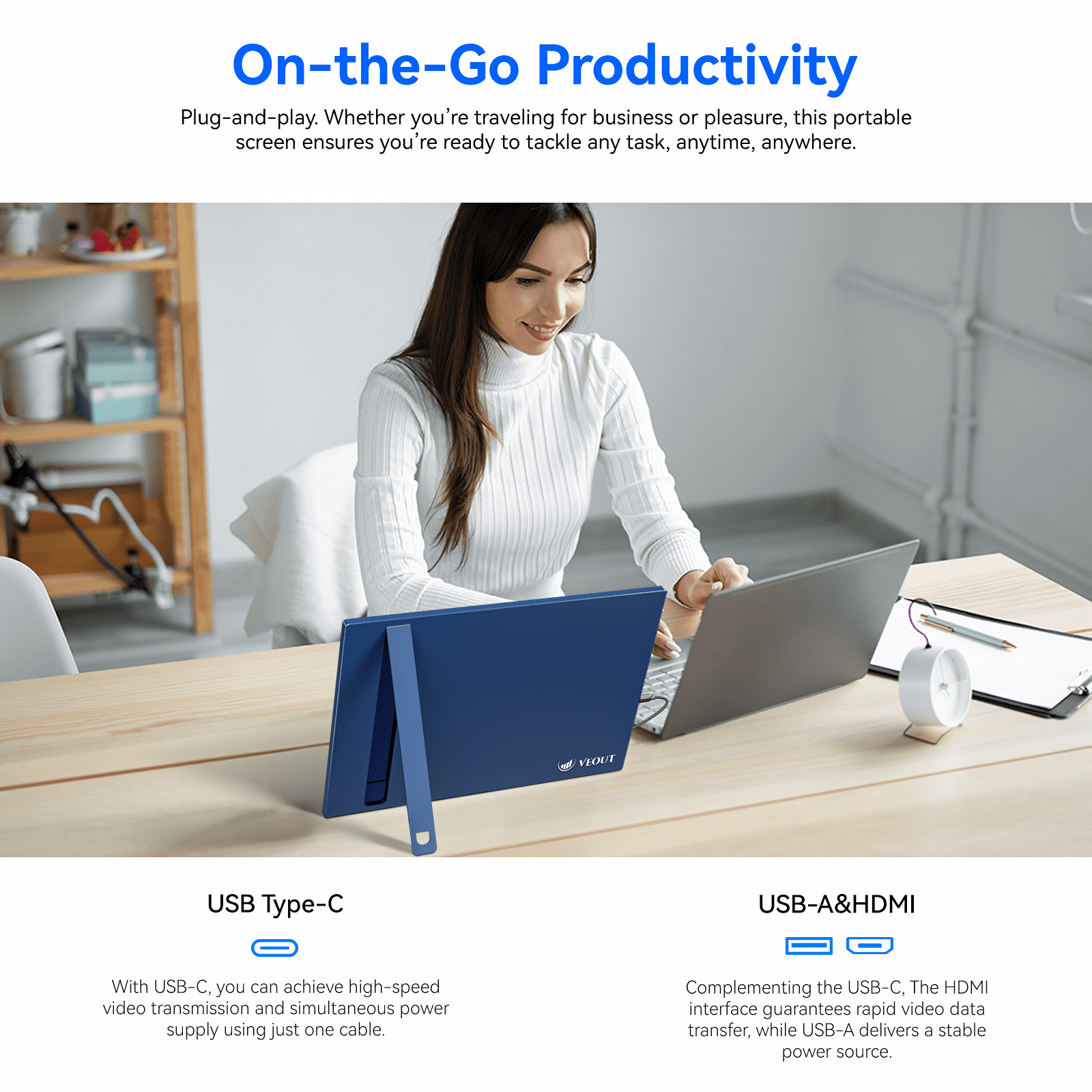 16 Inch Portable Monitor for Laptop, 1920x1200P Ultra-Slim FHD IPS 16:10 External Display, 100% sRGB Aluminum Stand, USB-C/Mini HDMI, Use for PC, Phone, Office (Blue)