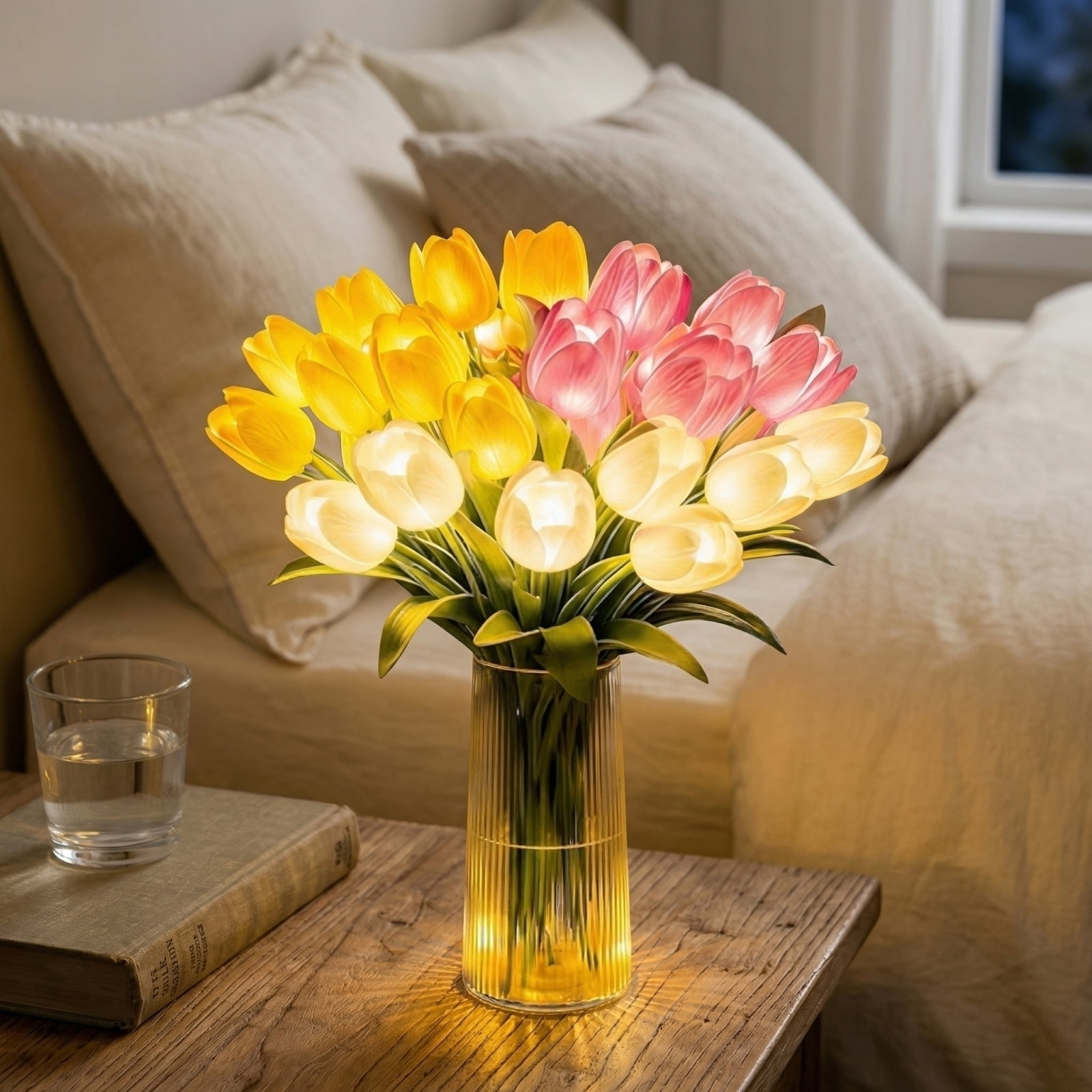 Radiant Romantic Tulip Light with a Vase 15 PCS Twinkling Led Tulips Artificial Flower Night Light Flower Shaped Ambient Night Lamp for Bedroom Bedside Decor