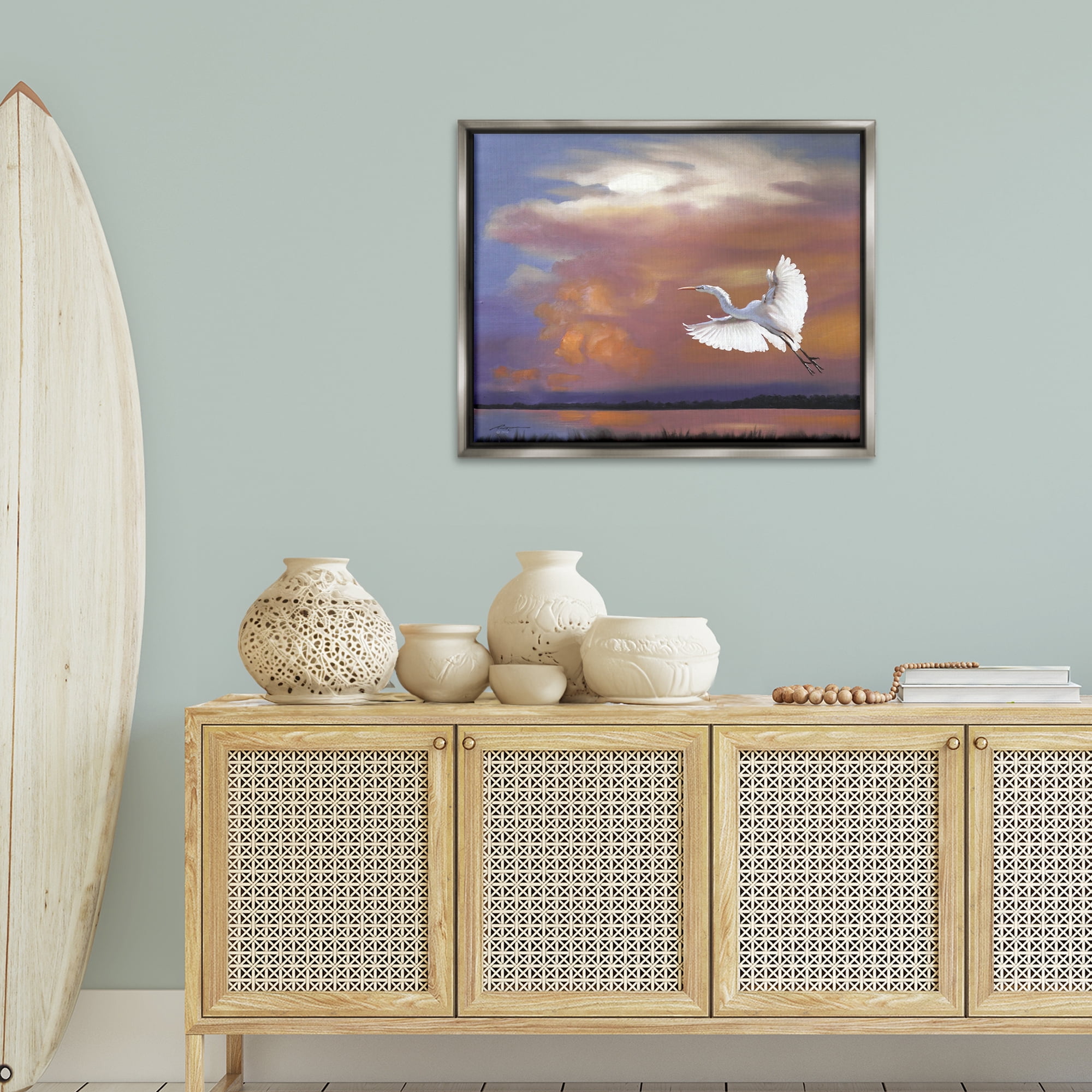 Stupell Industries Heron Flying with Sunset Landscape Painting Gray Floater Framed Canvas Art Print Wall Art, 31 x 25