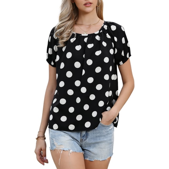 DARING DIVA Women's Polka Dot Top Vintage Short Sleeve Summer Casual Blouse XS Black