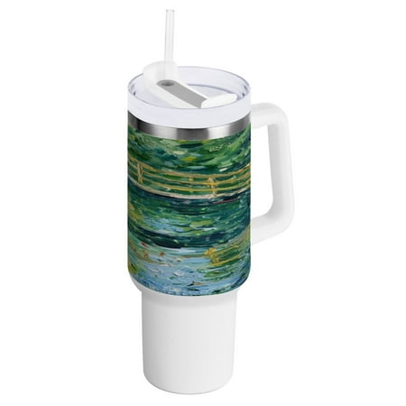 

40 Oz Car Handle Water Bottle 10.8x3.85 Inch Handle And Straw Travel Water Bottle Reusable Stainless Steel Water Bottle Cartoon Green Bridge