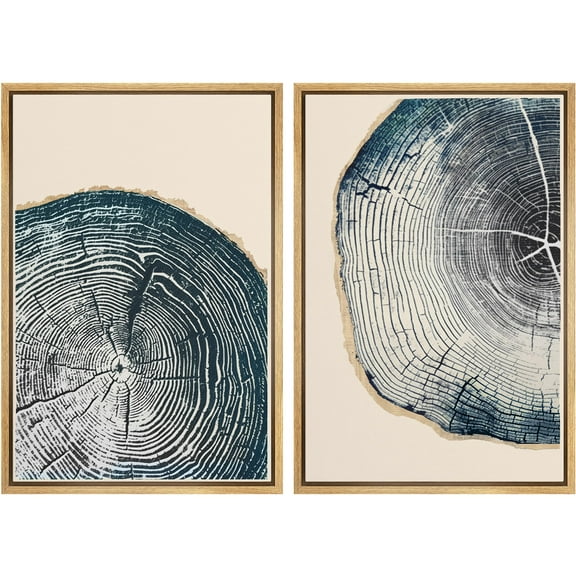 IDEA4WALL Framed Canvas Print Wall Art Set Navy Blue Wood Tree Rings Fine Art Geometric Minimal Pattern Vintage Art Farmhouse/Country Wall Decor for Living Room, Bedroom, Office - 24"x36"x2 Natural
