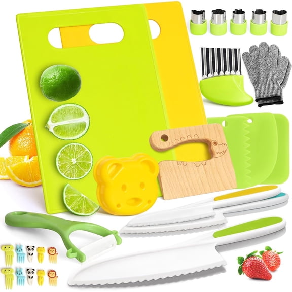 28PCS Knife Set, Kids Knifes for Real Cooking, Montessori Kids Kitchen Knife Set with Cutting Board Crinkle Cutters Kid Safe Knives, Kitchen Tools Old Girl Boy