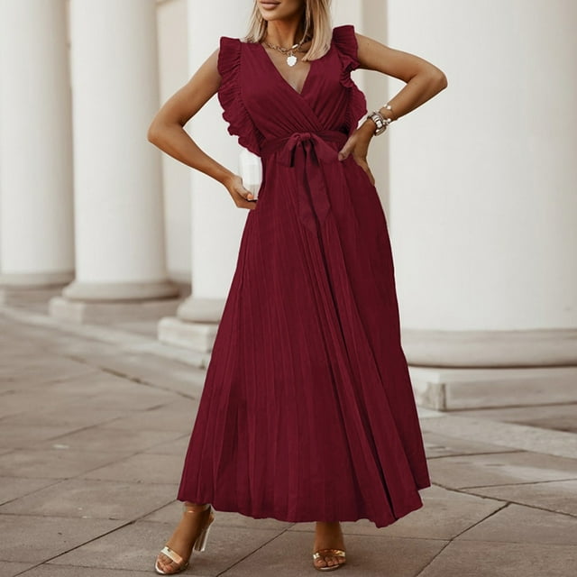 Gspmoly Robes d'Été pour Femmes, Robe Plissée Confortable en Chiffon Aguichant Unie Élégante et Ajustée pour Femmes, Robe de Cocktail Économies