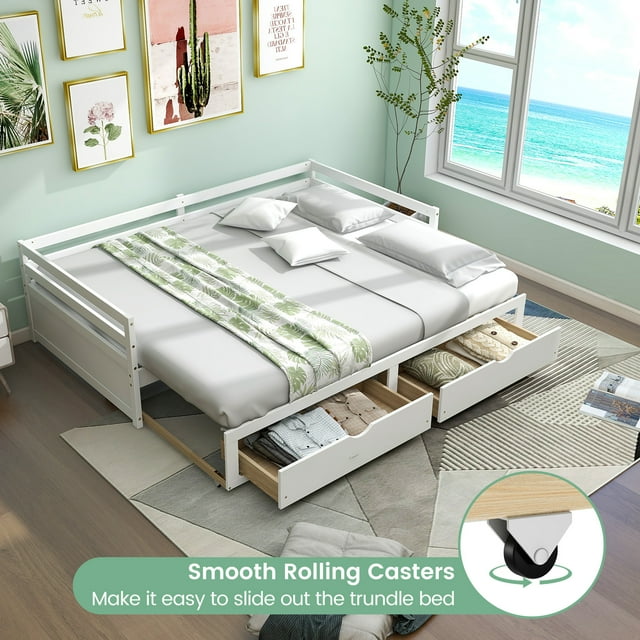 Giantex Wood Daybed w/Trundle, Extendable Twin to King Daybed Frame, Space Saving Dual-use Sofa Daybed