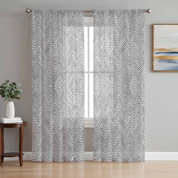 White Black Stripe Sheer Curtains 84 Inch Length 2 Panels Set, Modern Abstract Art Moire Striped Voile Window Treatment Rod Pocket Curtains Sheers Drapes for Bedroom/Living Room/Kitchen 52"x84"x2