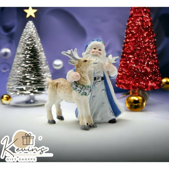 Ceramic Blue Santa Claus Reindeer Salt Pepper Shakers