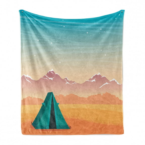 Camping Soft Flannel Fleece Blanket, Travel Tent on a Barren Rural Autumn Field Distant Snowy Mountains and Starry Sky, Cozy Plush for Indoor and Outdoor Use, 50" x 70", Multicolor, by Ambesonne